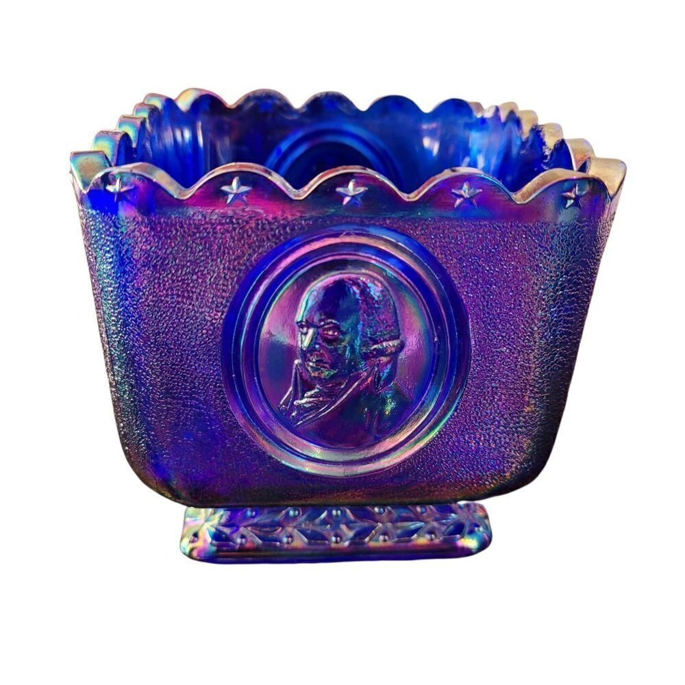 Fenton Cobalt Blue Carnival Glass Square Candy Dish Presidential Bicentennial